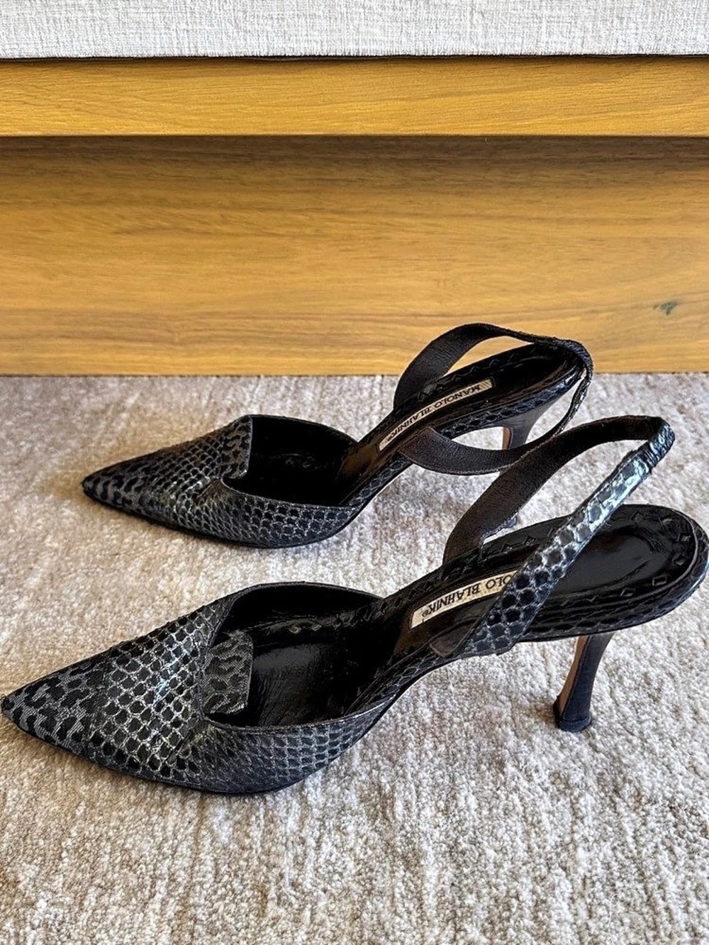 Manolo Blahnik Pointed Toe Slingback Heels in Black Snake & Leopard Print
